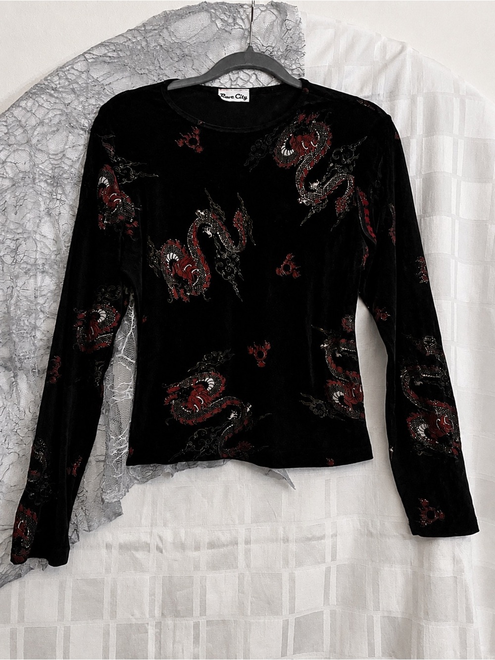 Rave City Black Long Sleeve Tee with Red Dragon Print